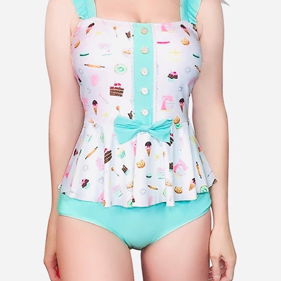 Retro Vintage Style Dessert Print Pinup Swimsuit - Picture 1 of 8